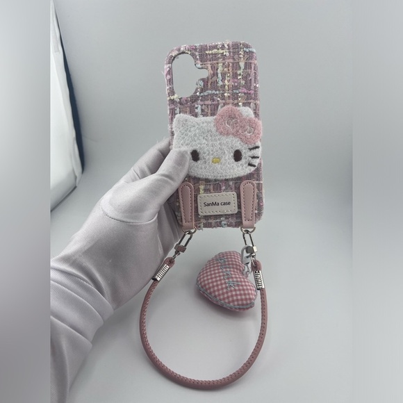 iPhone 16 Case – Pink Tweed Hello Kitty Style with Strap Hooks,Cute & Stylish - Picture 5 of 5